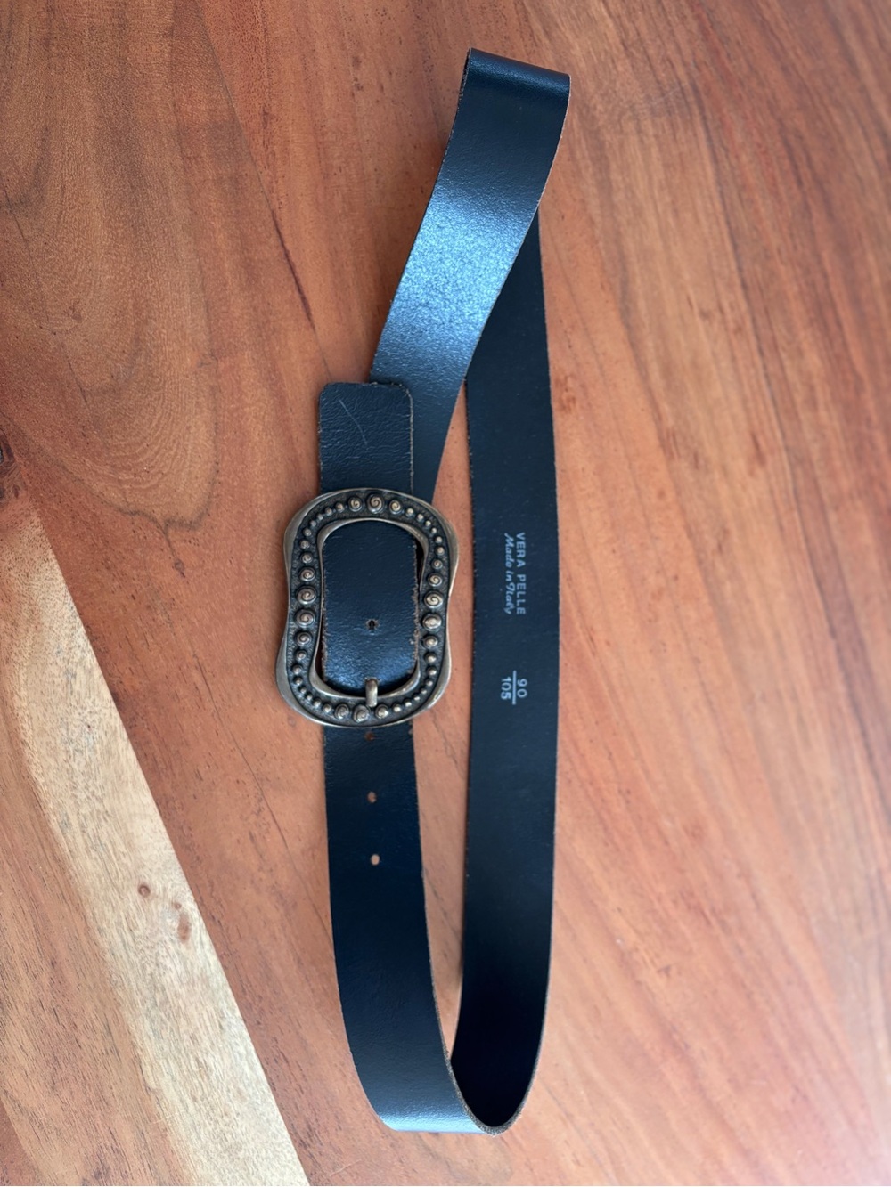 Vera Pelle Black Leather Belt with Decorative Antique Brass Buckle waist size 36